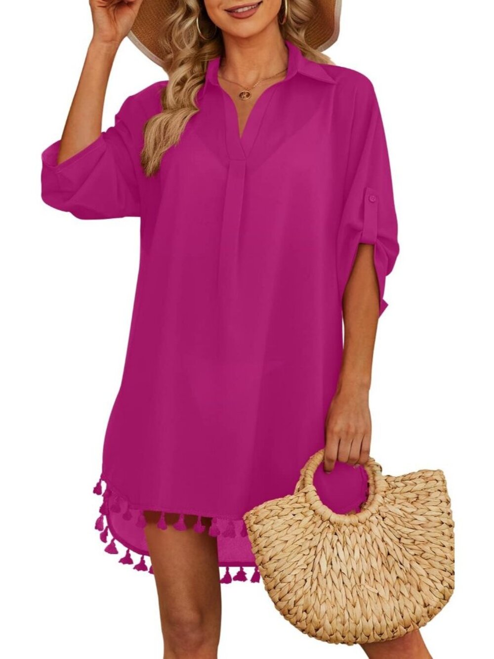 Women's Rose Pink Red Polyester Cover Up Tassel Swimsuit Beachwear Swimwear